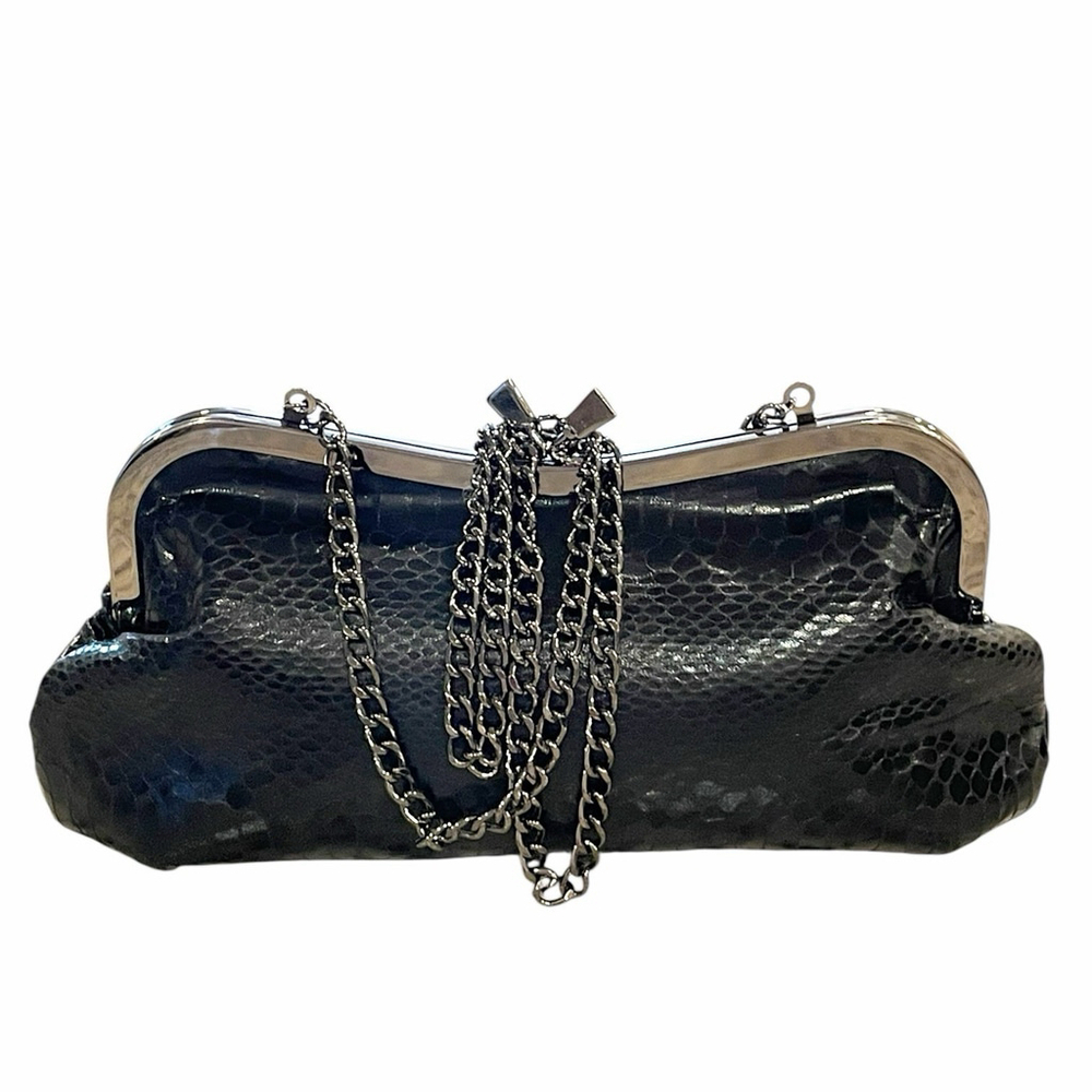 Jessica McClintock Faux Snakeskin Bag Kiss Clasp Gunmetal Chain Strap Black - Picture 2 of 13